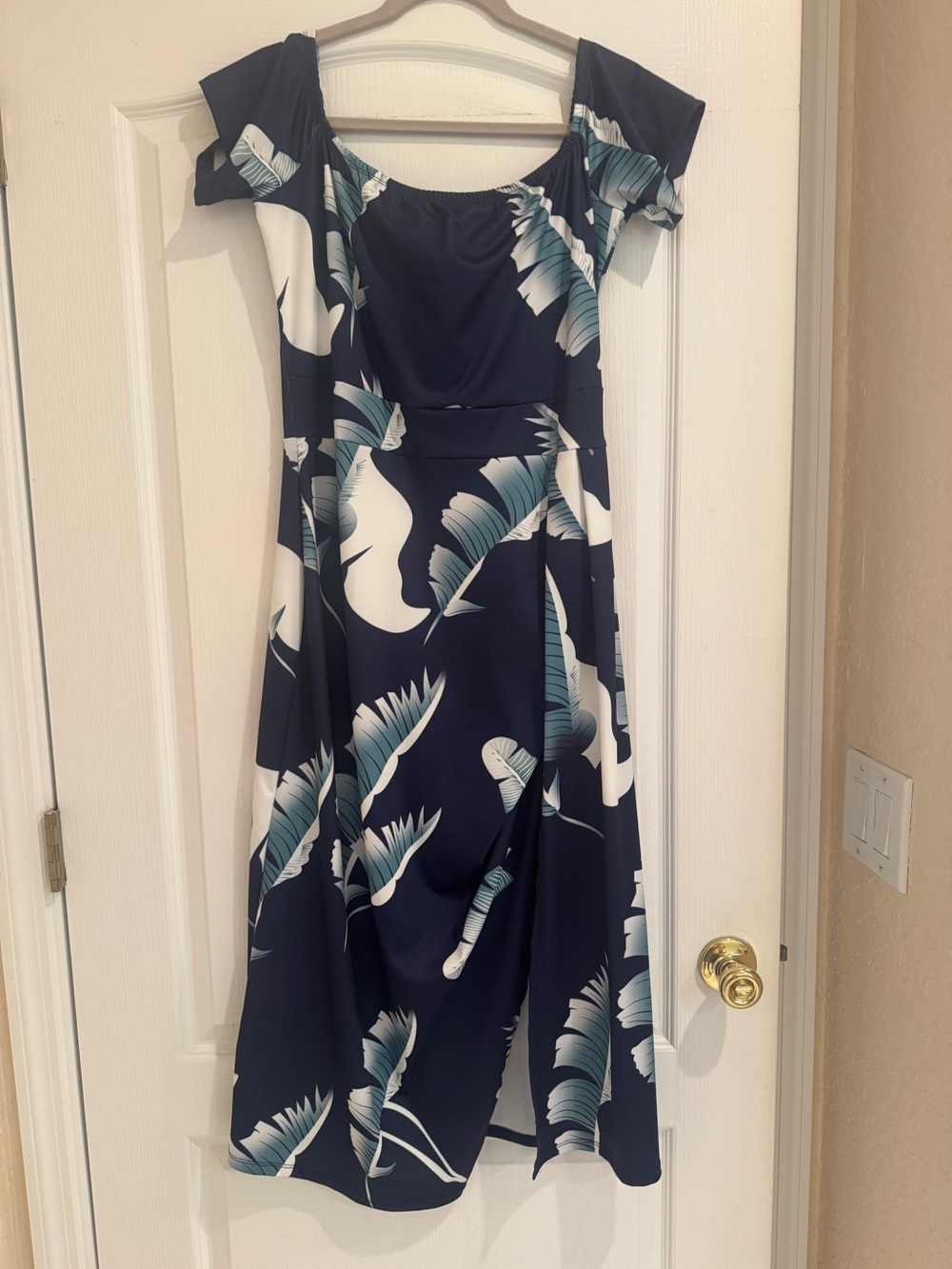 Navy Blue Tropical Print Off-Shoulder Midi Dress